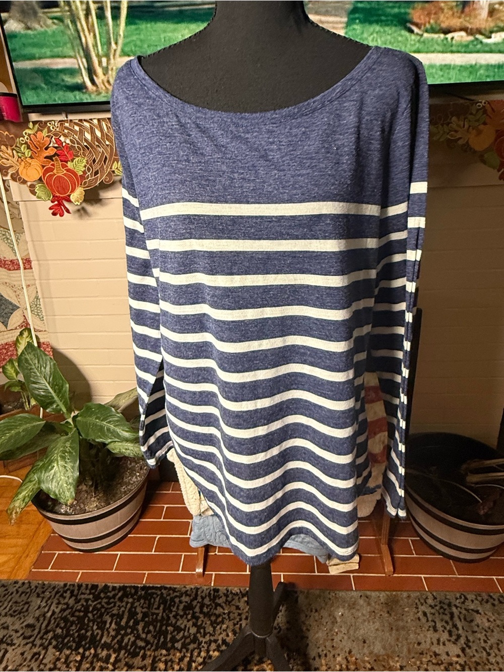 Old Navy Blue and White Striped Boatneck Sweater